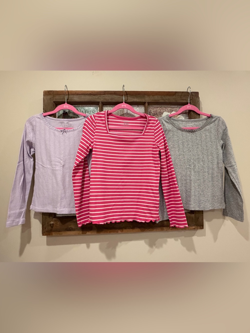Carter's Girls' Long-Sleeve Stripe & Solid Tee Trio - Pink, Lavender, Gray 🩷💜🩶